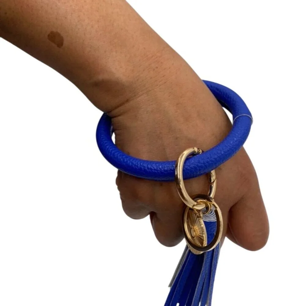 Royal Blue Leather Bangle Keychain With Tassel Gold‎ Charm & Rings Wristlet